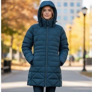Lands' End Hooded Down Puffer Quilted Jacket In Green With Ribbed Sleeve Liner